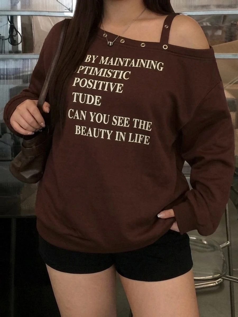 Dazy Plus Plus Size Korean Style Loose Asymmetric Neck Pullover Sweatshirt With Letter Print Long Sleeve Casual For Girls - Brown - View 1
