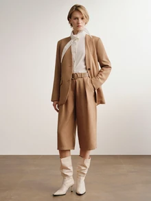 Briarwyn Women Minimalist Linen Blazer & Bermuda Shorts 2 Pieces Set, V Neck Two Button Oversized Suit Matching Outfit - Brown - View 4
