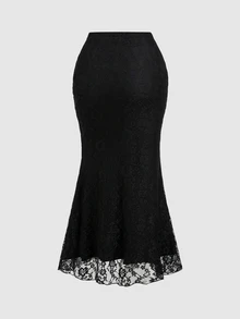 Sweetra Women's Black Knitted Lace Floral Low Waist Sexy Fashion Commute Metal Butterfly Decor Ribbon Asymmetrical Hem Fishtail Skirt, Spring Summer Autumn - Black - View 3