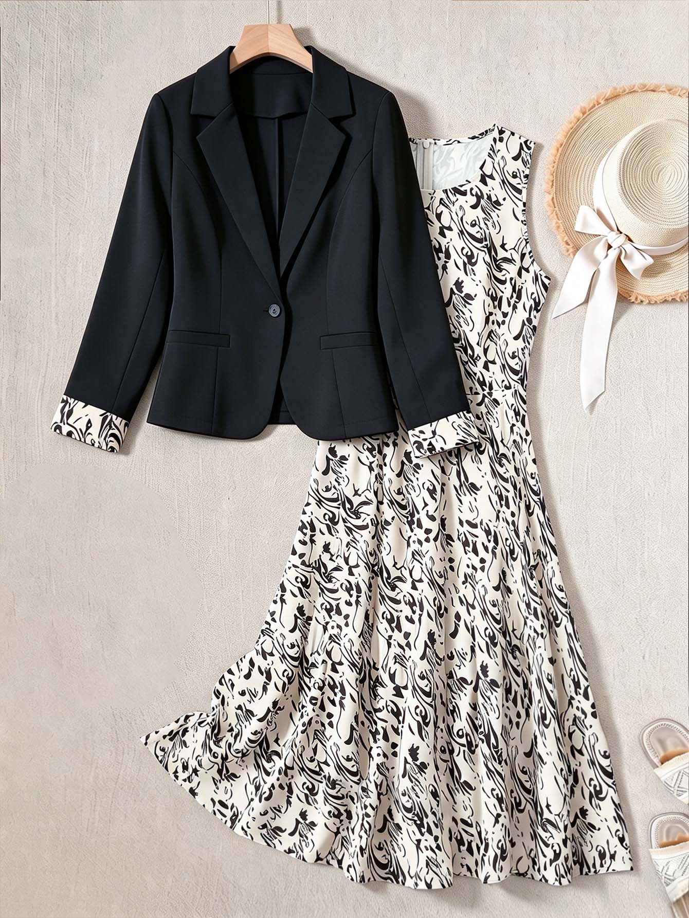 Rusticease Fall Women Button Long Sleeve Jacket Printed Color Block Dress Set Going Out Formal Smart Office Party Black White Casual Elegant Beige - Black and White - View 1