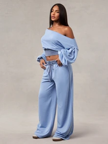 Radiana American Retro Gray-Blue Contrast Color Washed Distressed Sweatpants, Street Casual Low Waist Wide Leg Loose Extra Long Pants - Blue - View 3