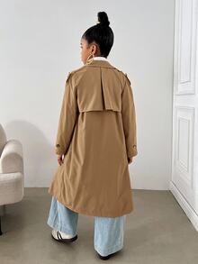 SHEIN 兒童青少年女孩時尚休閒卡其色梭織雙排扣翻領寬鬆長款風衣外套，秋冬款，休閒軍裝風，通勤與街頭穿搭 - 摩卡棕 - 查看 2