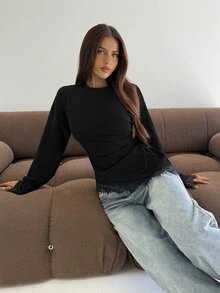 Aloruh Women's Elegant Round Neck Lace Patchwork Black Commute Versatile Long Sleeve T-Shirt Top - Black - View 5