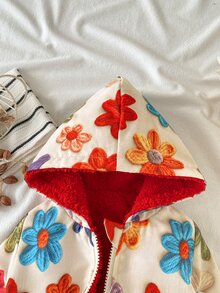 SHEIN 1件幼兒女童可愛3D花朵貼布長袖連帽厚實抓絨內裡拉鍊夾克外套 戶外聖誕冬季秋季 - 彩色 - 查看 6