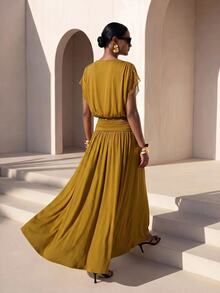 Zivah Women's Solid Color Round Neck Batwing Short Sleeve Elegant Long Dress - Mustard Yellow - View 3