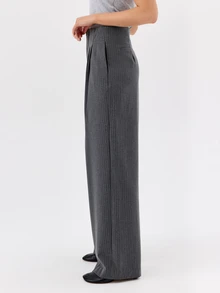 KÆRIA Hus Clean Waist Pleated Wide Leg Pant - Compact Tailoring - Charcoal Pinstripe - Elegant, Luxury, Formal - Dark Grey - View 4