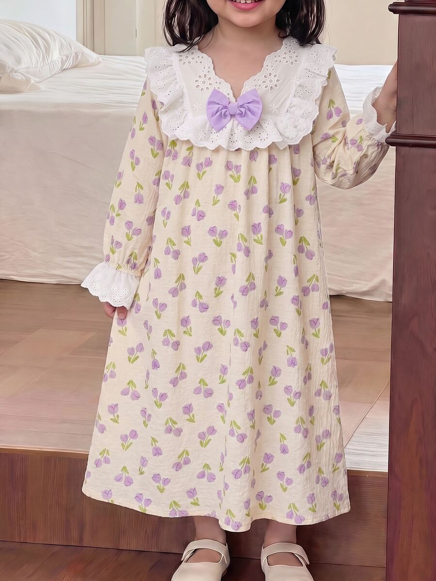 SHEIN 女童粉色碎花睡裙,3D蝴蝶結裝飾可愛蕾絲洋裝 - 彩色 - 查看 1