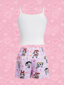 THE POWERPUFF GIRLS X SHEIN Tween Girl Cartoon Camisole And Shorts Casual Daily Home Sleepwear Set - White - View 2