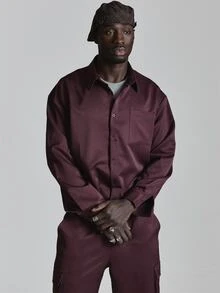 Musero Oversized Drop Shoulder Woven Collared Shirt With Chest Pockets Cropped Length Co Ord Shirt Only Autum Winter Essentials - Rust Brown - View 3