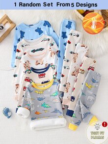 1 Set Randomly Sent Baby Boy Fashion Minimalist Cute Comfortable Cool Soft Skin-Friendly Thickened Winter Fitted Knitted Fleece Fabric Multi-Color Cartoon Car Teddy Bear Dinosaur Print Pattern Crew Neck Long Sleeve Pullover Top With Long Pants Pajama Set Homewear Set 2-Piece Set - Multicolor - View 3