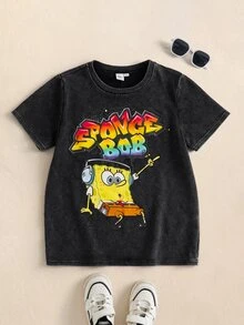 SpongeBob SquarePants | SHEIN Tween Boy Letter Cartoon Print Short Sleeve Casual T-Shirt - Grey - View 1