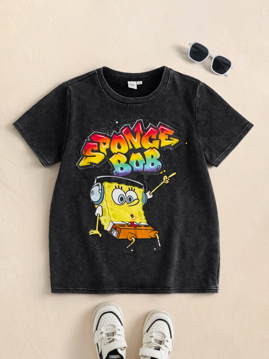 SpongeBob SquarePants | SHEIN Tween Boy Letter Cartoon Print Short Sleeve Casual T-Shirt - Grey - View 1