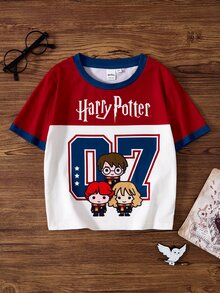 HARRY POTTER X SHEIN Tween Girl Summer Casual Colorblock Patchwork Cartoon Print T-Shirt - Multicolor - View 1