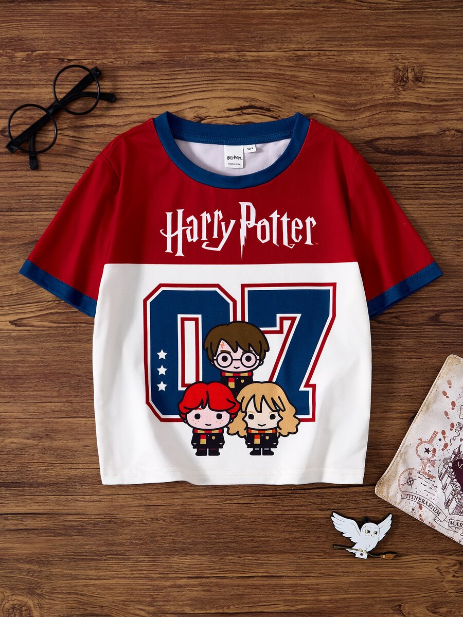 HARRY POTTER X SHEIN Tween Girl Summer Casual Colorblock Patchwork Cartoon Print T-Shirt - Multicolor - View 1