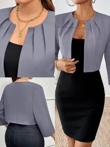 SHEIN Essnce Plus Size Women's Solid Color Pleated Design Open Front 3/4 Sleeve Blazer - Light Grey - View 1