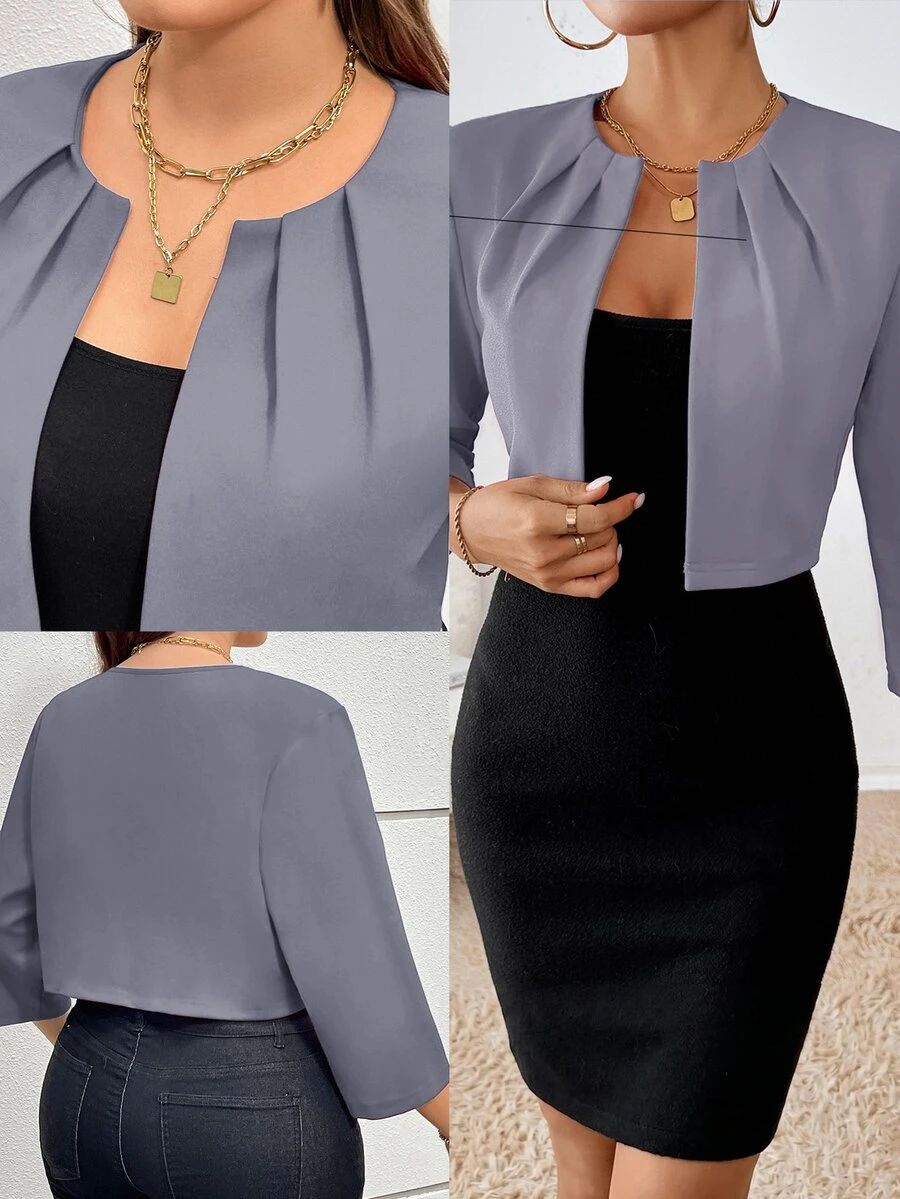 SHEIN Essnce Plus Size Women's Solid Color Pleated Design Open Front 3/4 Sleeve Blazer - Light Grey - View 1