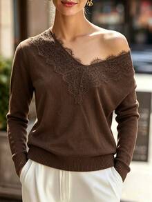 SHEIN Women's Lace Patchwork Casual Daily Long Sleeve Sweater - Brown - View 3