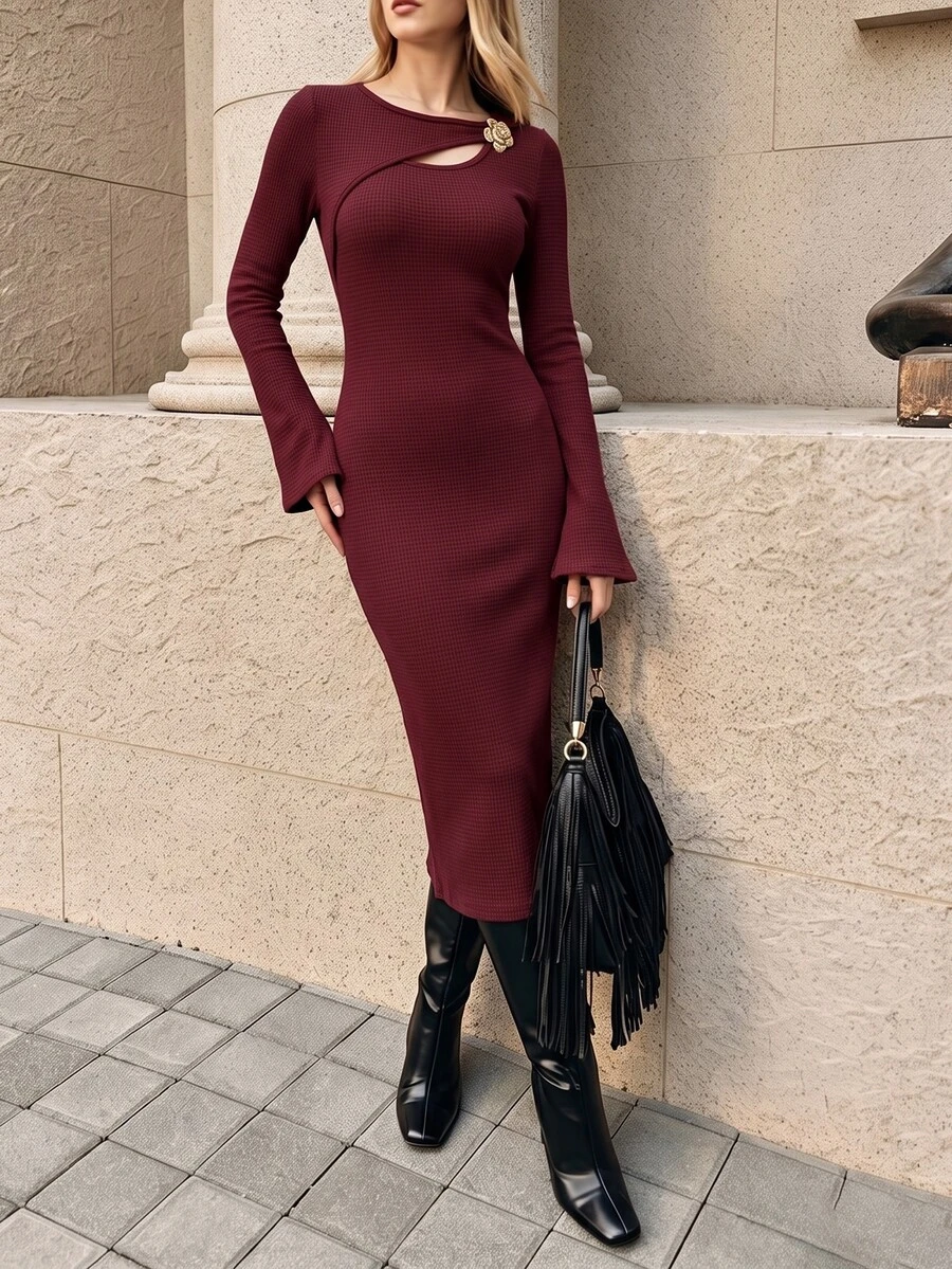 SHEIN Essnce Women's Slim Fit Elegant Metal Decor Waffle Knit Ribbed Burgundy Dress - Burgundy - View 1