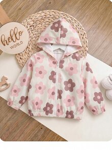 SHEIN 女嬰可愛休閒粉色花卉圖案連帽秋季外套 - 彩色 - 查看 3