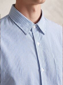 TONEVAULT New Men's Fashion Casual Long Sleeve Shirt, Blue And White Striped Woven Fabric Office Work Fall - Blue and White - View 8