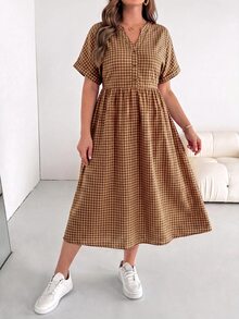 SHEIN Essnce Plus Size Vacation Plaid Pocket Button Short Sleeve Dress - Brown - View 6