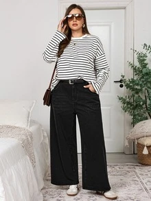 SHEIN CURVE+ 大尺碼女款休閒日常牛仔褲，附口袋與鈕扣設計 - 黑色 - 查看 7