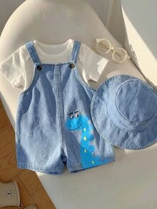 SHEIN 2件組嬰兒男孩女孩恐龍連身褲與漁夫帽套裝，休閒度假穿搭，適合外出、海灘與沙灘 - 藍色 - 查看 2