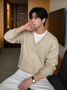 DAZY Autumn/Winter Khaki Body With Rolled Edge Design V-Neck Contrast Color Round Neck White 2 In 1 Men's Sweater - Khaki - View 5