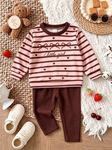 SHEIN Playful Pals 2pcs Baby Girl Sweatshirt Leggings Cute Sweet Pink Brown Striped Heart Bow Print Rib-Knit Long Sleeve Round Neck Regular Holiday Fall Halloween Cozy - Multicolor - View 3