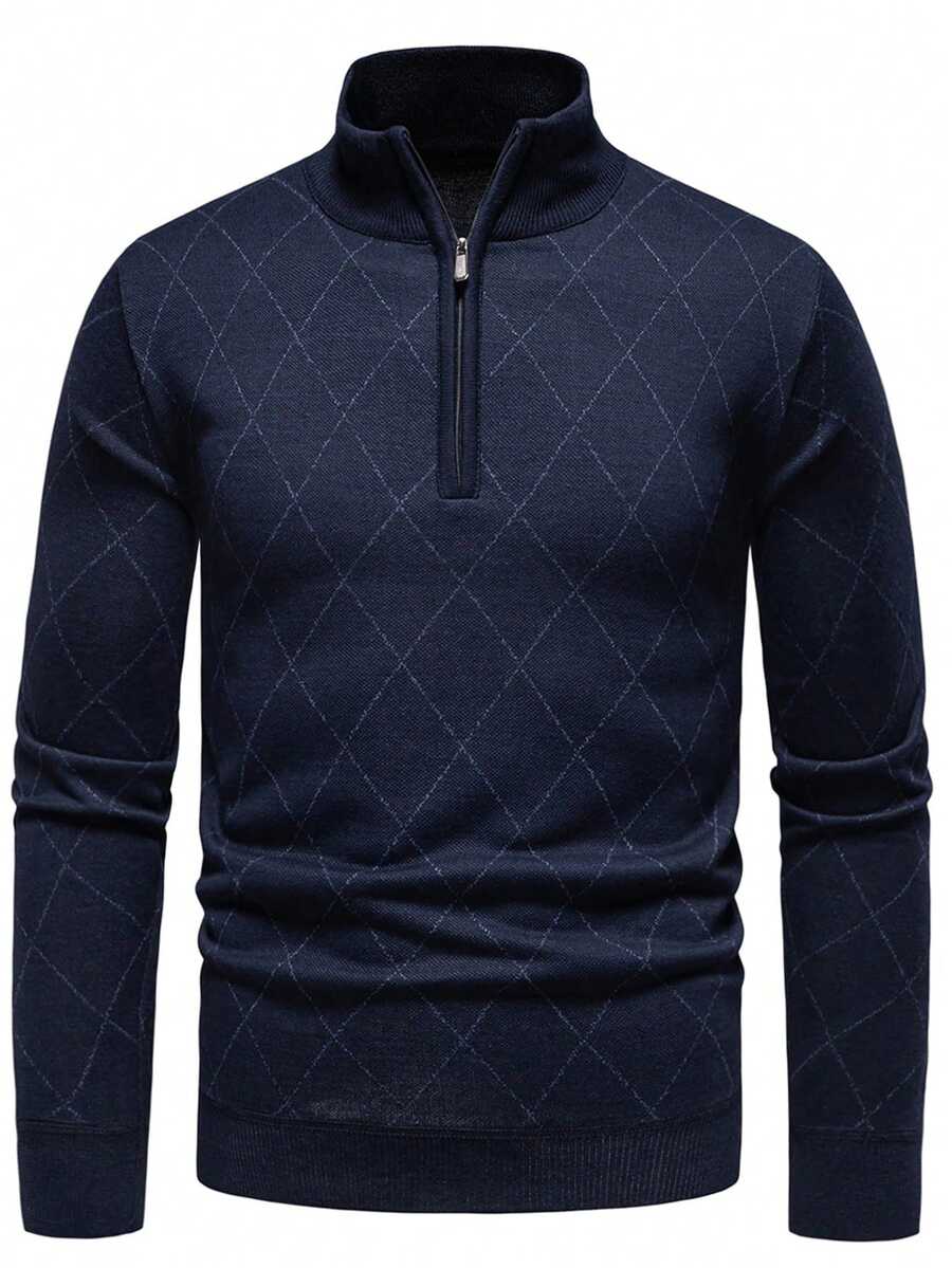 Manfinity Homme Men's Plus Size Half-Zip Sweater Formal - Navy Blue - View 1