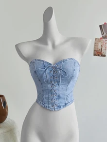 SHEIN Women's Denim Lace-Up Tube Top - Blue - View 4