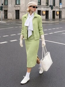 Struktiv Casual Elegant Button Jacket + Skirt Chenille Jacquard Green 2 Pieces Set - Green - View 5