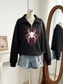SHEIN Sparklyn 青少年女孩長袖抓絨秋季服飾，萬聖節蜘蛛印花衛衣，休閒節日穿搭 - 黑色 - 查看 4