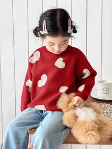 SHEIN 少女時尚百搭愛心提花長袖針織衫 - 紅色 - 查看 6