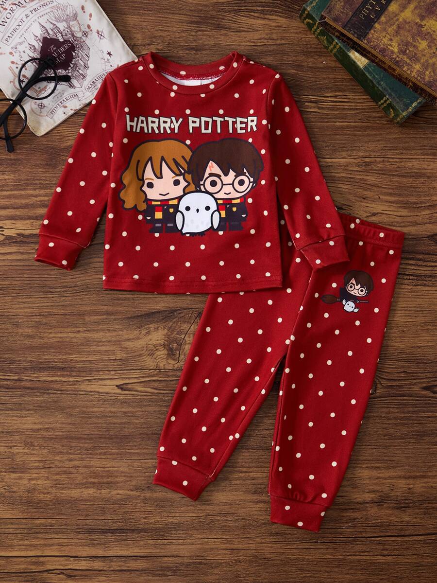 HARRY POTTER X SHEIN 女嬰波點卡通印花長袖上衣與長褲休閒日常居家睡衣套裝 - 紅色 - 查看 1