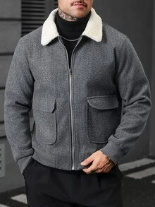 Manfinity CasualCool 男士成熟風深灰色毛領秋冬氛圍羊毛大衣，大口袋拉鍊休閒日常經典款 - 淺灰色 - 查看 5