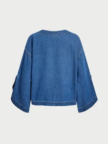 Women's Round Neck Casual Daily Denim Jacket - Blue - View 5