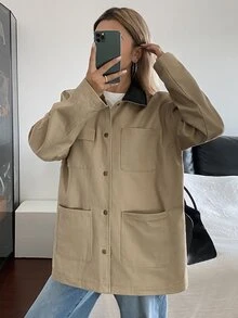 DAZY 拼接撞色寬鬆工裝夾克女款，休閒街頭韓風，秋季度假日常穿搭，卡其色，標準版 - 棕色 - 查看 5