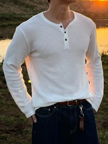 DAZY Spring/Autumn White Round Neck Half-Button Waffle Texture Fabric Long Sleeve Men's T-Shirt - White - View 2