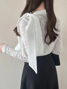 FRIFUL Women's Elegant Fashion Knot Neck Long Sleeve T-Shirt Fall - White - View 2