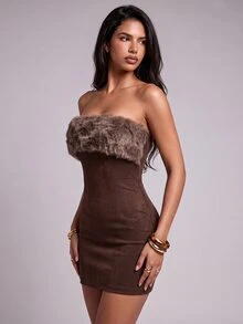 Nooralise Fashion Street Style Y2K Suede Faux Fur Patchwork Tube Dress - Brown - View 4