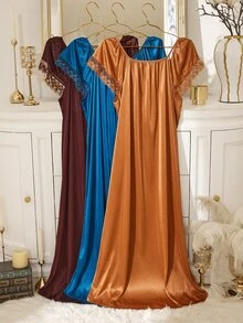 MuseNap CURVE Solid Color 3 Pieces Plus Size Women's Contrast Lace Front Tie Nightgown Set - Multicolor - View 3