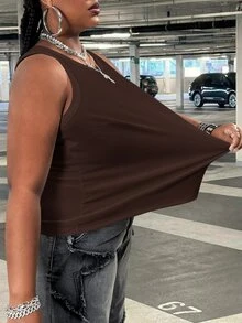 SHEIN CURVE+ 女款大尺碼休閒基本款修身白色圓領露肩背心，舒適面料適合夏季 - 棕色 - 查看 6