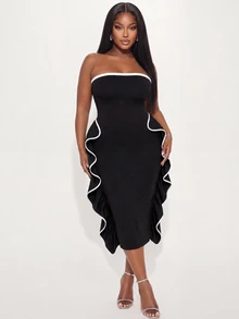 Poshavie Poshavie Plus Size Women Elegant High-End Colorblock Dress, Ruched Ruffle Strapless Dress, Suitable For Party, Ball, Shopping, Dating - Black - View 6