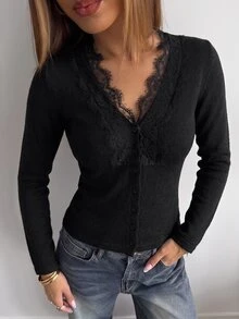 Aloruh Elegantes Damen-Strickpullover-Top mit V-Ausschnitt, Spitzen-Patchwork und figurbetonter Taille - Schwarz - Übersicht 7