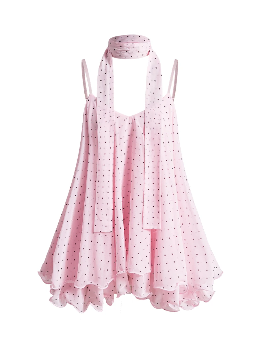 ROMWE Kawaii Sexy Romantic Chiffon Flowy Ribbon Ruffle Hem Cami Short Dress For Women - Pink - View 1