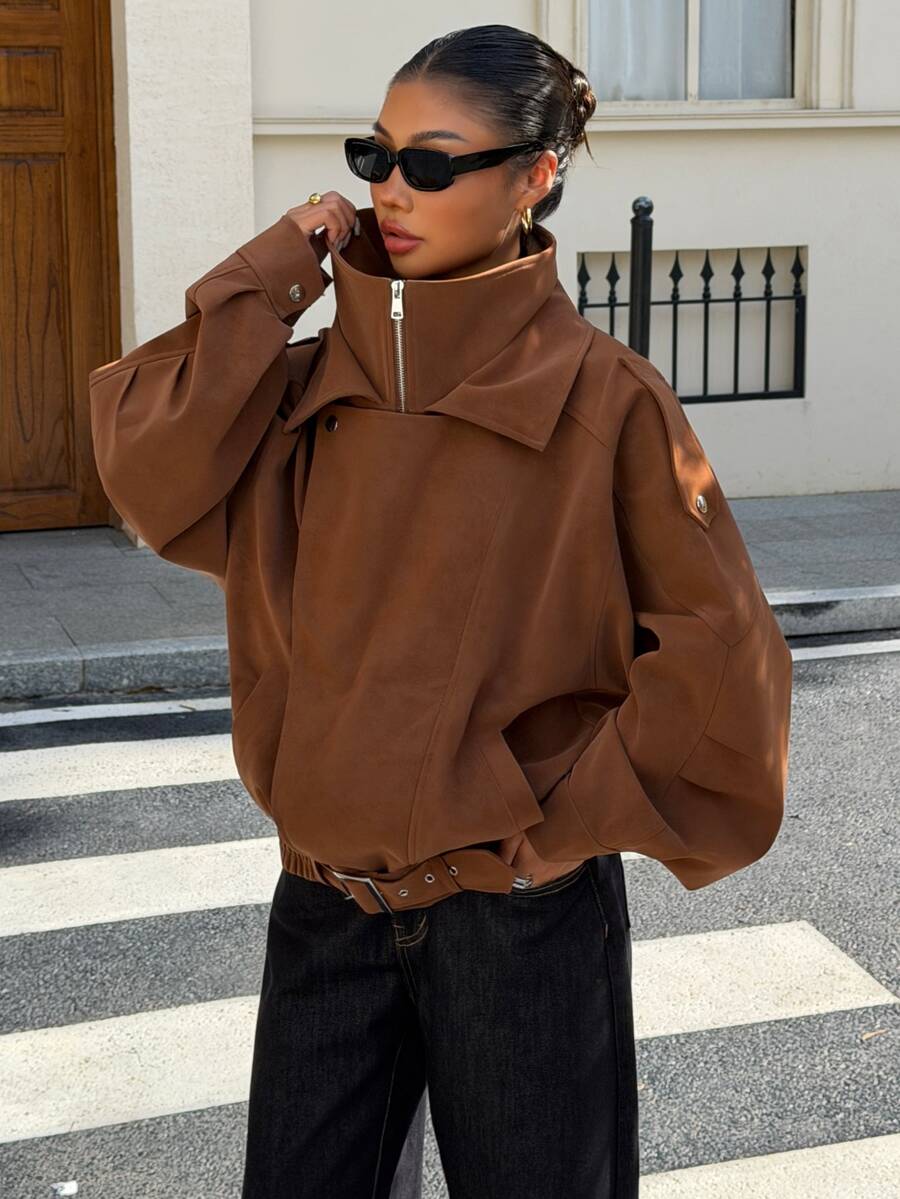 Muchica Women's Street Fashion High Neck Zip-Up Long Sleeve Jacket - Brown - View 1