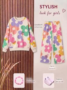 Young Girls' Sweatshirt Set, Round Neck Long Sleeve, Loose Straight Leg Pants. Beige Background With Macaron Colorful Large Floral Print, Soft And Skin-Friendly Fabric - Multicolor - View 3