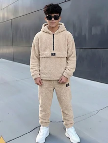 青少年男孩 2件組 冬季休閒開學季抓絨半拉鍊連帽衛衣與寬鬆慢跑長褲，適合秋季開學季 - 杏色 - 查看 6