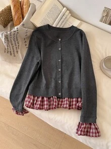 CosyJoli Women's Vintage Plaid Patchwork 2 In 1 Button Sweater - Dark Grey - View 4
